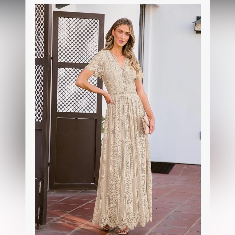 Maternity V Neck Short Sleeve Floral Lace Maxi Dress-XL